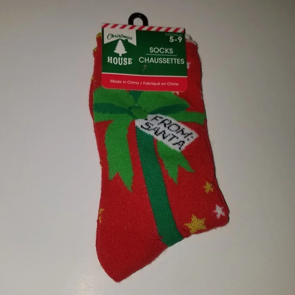 NEW 3 Pair Christmas Socks Lot Black Bows Bells Blue Snowmen Red Present 5-9-11